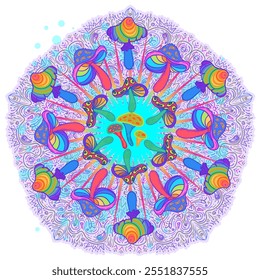 cogumelos mágicos. Alucinação psicodélica. Ilustração de vetor vibrante. 60s hippie arte colorida em cor rosa pastel gótico sobre mandala padrão redondo