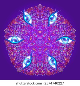Magic mushrooms. Psychedelic hallucination. Vibrant vector illustration. 60s hippie colorful art in pink pastel goth colors over mandala round pattern