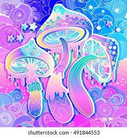 Magische Pilze.  Psychedelische Halluzinationen. Lebhafte Vektorillustration-Illustration. 60er Jahre hippie bunt Kunst.