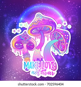 Magic mushrooms. Psychedelic hallucination. Vibrant vector illustration. 60s hippie colorful art in pink pastel goth colors isolated on white. Sticker, patch, poster graphic design.