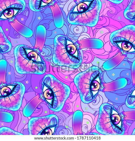 Magic mushrooms.  Psychedelic hallucination. Vibrant  vector illustration. 60s hippie colorful background, hippie and boho texture. Ttrippy wallpaper.