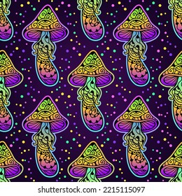 Magic Mushrooms. psychedelic pattern. Vector illustration. Zen art. Decorative mushrooms, hippie, hallucination, psilocybin. 60s, 70s