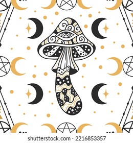 Magic Mushrooms psychedelic pattern.  Vector illustration. Zen art. Decorative mushrooms, hippie, esoteric, mystical objects. 60s, 70s