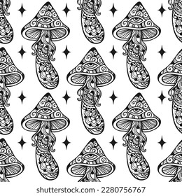Magic Mushrooms. psychedelic pattern. Vector illustration. Zen art. Decorative mushrooms, hippie, esoteric, mystical objects. 60s, 70s