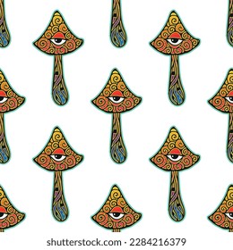 Magic Mushrooms. Psychedelic pattern. Vector illustration. Zen art. Decorative mushrooms, hippie, hallucination psilocybin 60s 70s