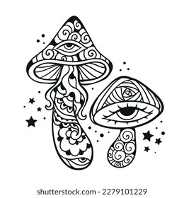 Los hongos mágicos. Afiche psicodélico. Ilustración vectorial. Arte zen. Hongos decorativos, hippie, psilocybin. Página del libro Coloring de los años 60 y 70