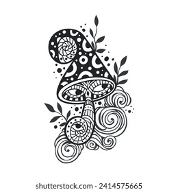 Magic Mushrooms. Psychedelic poster. Vector illustration. Zen art. Decorative mushrooms, hippie, psilocybin. 60s 70s Coloring book page