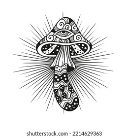 Magic Mushrooms psychedelic Vector illustration. Zen art. Decorative mushrooms, hippie, esoteric, mystical objects. 60s, 70s