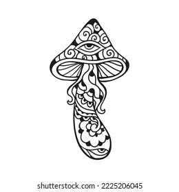 Magic Mushrooms psychedelic Vector illustration. Zen art. Decorative mushrooms, hippie, esoteric, mystical objects. 60s, 70s Ink
