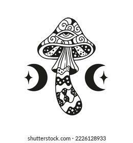 Magic Mushrooms psychedelic Vector illustration. Zen art. Decorative mushrooms, hippie, esoteric, mystical objects. 60s, 70s