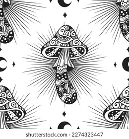 Magic Mushrooms psychedelic Vector illustration. Zen art. Decorative mushrooms, hippie, esoteric, mystical objects. 60s, 70s Ink