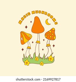 Magic mushrooms retro hippie design illustration, positive message phrase isolated on a light background. Trendy vector print in style 70s, 80s