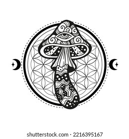 Magic Mushrooms sacred geometry. Vector illustration. Zen art. Decorative mushrooms, hippie, esoteric, mystical objects. 60s, 70s
