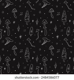 Magic mushrooms seamless pattern, fantasy line original nature celestial space set. Fantastic mystical fungi for logos, brochures, decorations, textures, patterns and more. Hand illustrated clip art