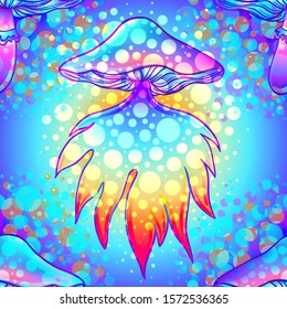 Magic mushrooms. Seamless pattern. Psychedelic hallucination. Vibrant  vector illustration. 60s hippie colorful art. Hand drawn element in ethnic style. Spiritual background, wallpaper texture.