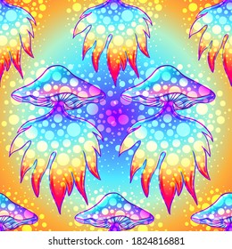 Magische Pilze. Nahtloses Muster. Psychedelische Halluzinationen. Lebhafte Vektorgrafik. Handgezeichnetes Element im ethnischen Stil der 60er Jahre. Spiritueller Hintergrund, Hintergrundfarbe.