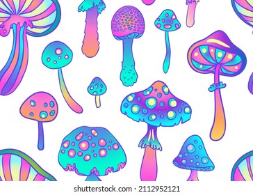 Magic mushrooms seamless pattern.  Psychedelic hallucination. 60s hippie colorful art. Vintage psychedelic textile, fabric, wrapping, wallpaper. Vector repeating illustration. 