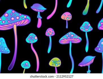 Magic mushrooms seamless pattern.  Psychedelic hallucination. 60s hippie colorful art. Vintage psychedelic textile, fabric, wrapping, wallpaper. Vector repeating illustration. 