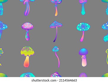 Patrón de hongos mágicos sin fisuras.  Alucinación psicodélica. Arte hippie colorido de los años 60: textil psicodélico vintage, tejido, envoltura, papel pintado. Ilustración extensible de vectores. 