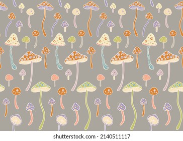Magic mushrooms seamless pattern.  Psychedelic hallucination. 60s hippie retro art. Vintage psychedelic textile, fabric, wrapping paper, wallpaper. Vector repeating illustration. 
