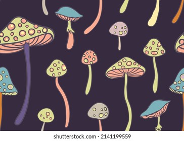 Magic mushrooms seamless pattern.  Psychedelic hallucination. 60s hippie retro art. Vintage psychedelic textile, fabric, wrapping paper, wallpaper. Vector repeating illustration. 