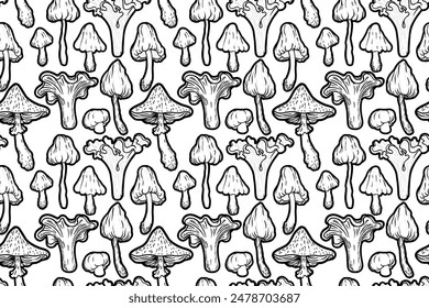 Setas mágicas patrón sin fisuras.  Alucinación psicodélica. Arte hippie en blanco y negro de los años 60. Textil psicodélico de Antiguas, tela, envoltura, Fondo de pantalla. Vector ilustración repetida. 