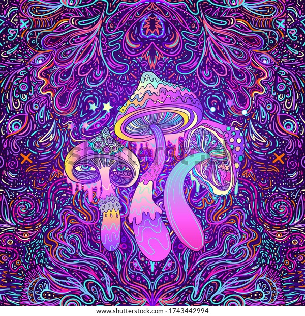 Magic Mushrooms Seamless Pattern Psychedelic Hallucination Stock Vector