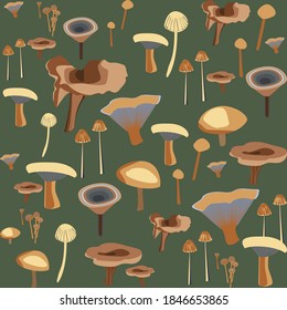 magic mushrooms seamless vector patterns. Forest mushrooms and herbs on a green,  background. Good for fabrics, textiles, wrapping paper, wallpaper