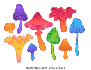 Set de setas mágicas. Alucinación psicodélica. Colección de Ilustración vectorial vibrante aislada en blanco. Arte colorido hippie de los años 60 en colores ácidos vivos.
