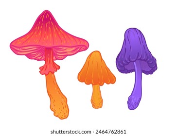 Set de setas mágicas. Alucinación psicodélica. Colección de Ilustración vectorial vibrante aislada en blanco. Arte colorido hippie de los años 60 en colores ácidos vivos. Pegatina, parche, Diseño gráfico de póster.