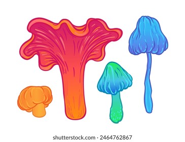Set de setas mágicas. Alucinación psicodélica. Colección de Ilustración vectorial vibrante aislada en blanco. Arte colorido hippie de los años 60 en colores ácidos vivos. Pegatina, parche, Diseño gráfico de póster.