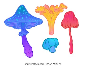 Set de setas mágicas. Alucinación psicodélica. Colección de Ilustración vectorial vibrante aislada en blanco. Arte colorido hippie de los años 60 en colores ácidos vivos. Pegatina, parche, Diseño gráfico de póster.
