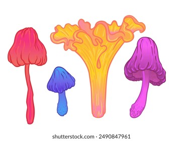 Set de setas mágicas. Alucinación psicodélica. Colección de Ilustración vectorial vibrante aislada en blanco. Arte colorido hippie de los años 60 en colores ácidos vivos.