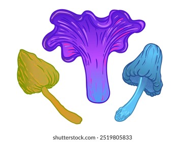 Cogumelos mágicos. Alucinação psicodélica. Coleção de ilustrações de vetor vibrante isolada em branco. Arte colorida hippie dos anos 60 em cores ácidas vívidas.