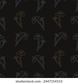 Magic mushrooms silhouette seamless pattern. Boho mystic celestial witch fungi. Psychedelic black-gold vector illustration isolated on black background. Mystic line tiny bohemian 60s hippie art tattoo