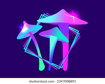 Magic mushrooms in a square frame. Fairy mushrooms with a bright glow. Fabulous fluorescent glowing mushrooms. Bioluminescent fungus. Design for poster and banner. Vector illustration