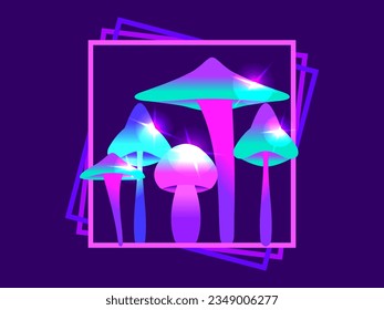 Magic mushrooms in a square frame. Fairy mushrooms with a bright glow. Fabulous fluorescent glowing mushrooms. Bioluminescent fungus. Design for poster and banner. Vector illustration