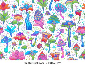 Magische Pilze und Sterne nahtlose Muster.  Psychedelische Halluzination. 60er Jahre Hippie bunte Kunst. Klassisch psychedelische Textilien, Stoff, Verpackung, Bildschirmhintergrund. Wiederholte Vektorgrafik. 