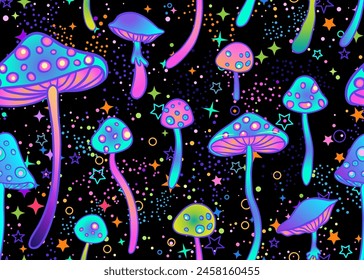 Setas mágicas y estrellas sin patrón.  Alucinación psicodélica. Arte colorido hippie de los años 60. Textil psicodélico de Antiguas, tela, envoltura, Fondo de pantalla. Vector ilustración repetida. 