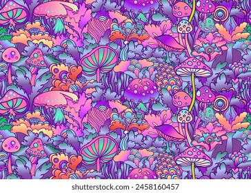 Magic mushrooms and stars seamless pattern.  Psychedelic hallucination. 60s hippie colorful art. Vintage psychedelic textile, fabric, wrapping, wallpaper. Vector repeating illustration. 