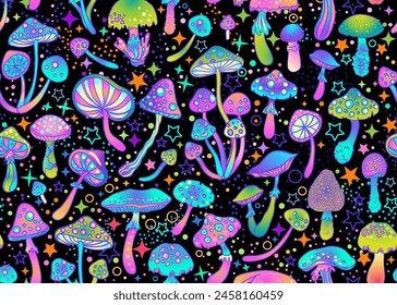 Magic mushrooms and stars seamless pattern.  Psychedelic hallucination. 60s hippie colorful art. Vintage psychedelic textile, fabric, wrapping, wallpaper. Vector repeating illustration. 