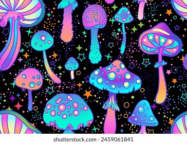 Magic mushrooms and stars seamless pattern.  Psychedelic hallucination. 60s hippie colorful art. Vintage psychedelic textile, fabric, wrapping, wallpaper. Vector repeating illustration. 