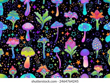 Setas mágicas y estrellas sin patrón.  Alucinación psicodélica. Arte colorido hippie de los años 60. Textil psicodélico de Antiguas, tela, envoltura, Fondo de pantalla. Vector ilustración repetida. 