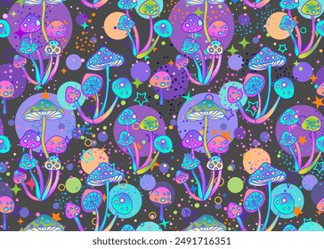 Setas mágicas y estrellas sin patrón.  Alucinación psicodélica. Arte colorido hippie de los años 60. Textil psicodélico de Antiguas, tela, envoltura, Fondo de pantalla. Vector ilustración repetida. 