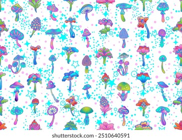 Setas mágicas y estrellas sin patrón.  Alucinación psicodélica. Arte colorido hippie de los años 60. Tejido psicodélico de Antiguas, tela, envoltura, Fondo de pantalla. Vector repitiendo ilustración. 