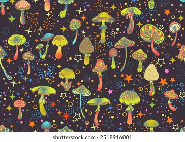 Setas mágicas y estrellas sin patrón. Alucinación psicodélica. Arte hippie de los años 60. Tejido psicodélico Antiguas, tela, envoltura, Fondo de pantalla. Ilustración vectorial.