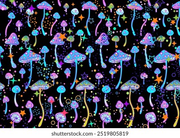 Setas mágicas y estrellas sin patrón. Alucinación psicodélica. Arte colorido hippie de los años 60. Antiguas psicodélico, envoltura, Fondo de pantalla. Vector repitiendo ilustración.