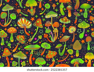 Cogumelos mágicos e estrelas sem costura padrão. Alucinação psicodélica. 60s arte hippie. Vintage tecido psicodélico, tecido, envoltório, papel de parede. Ilustração vetorial.