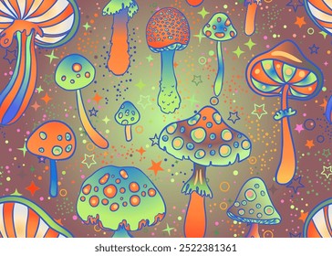 Setas mágicas y estrellas sin patrón. Alucinación psicodélica. Arte hippie de los años 60. Tejido psicodélico Antiguas, tela, envoltura, Fondo de pantalla. Ilustración vectorial.