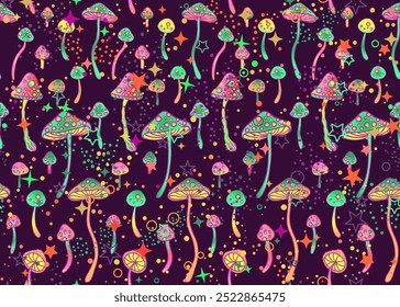 Setas mágicas y estrellas sin patrón. Alucinación psicodélica. Arte hippie de los años 60. Tejido psicodélico Antiguas, tela, envoltura, Fondo de pantalla. Ilustración vectorial.